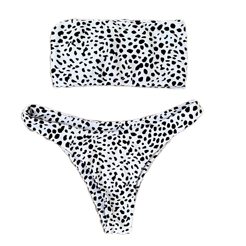 Two piece bathing suit white with black animal print size Small